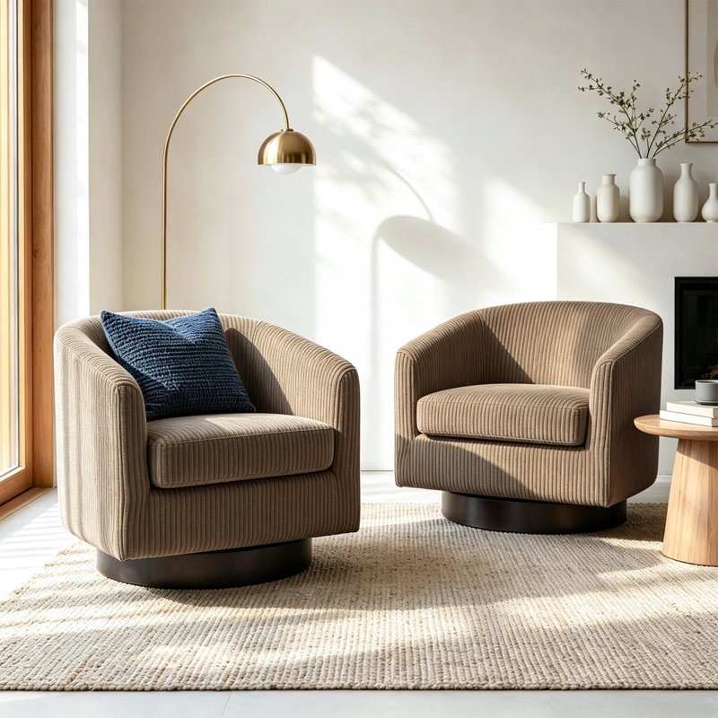 Wrought Studio Applewold Upholstered Corduroy Swivel Barrel Chair With Solid Wood Base Oari1504