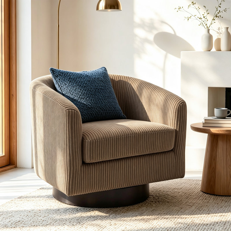 Wrought Studio Applewold Upholstered Corduroy Swivel Barrel Chair With Solid Wood Base W112714491