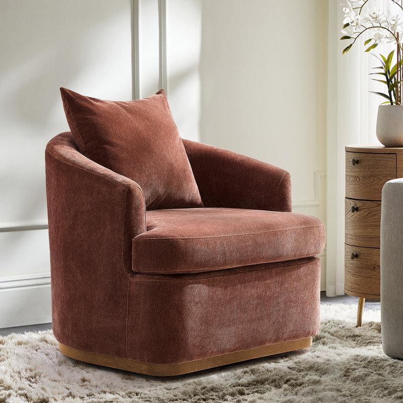 Wade Logan Berklie 31W Modern Chenille Swivel Barrel Chair With Unique Arms And Solid Wood Legs W114433115