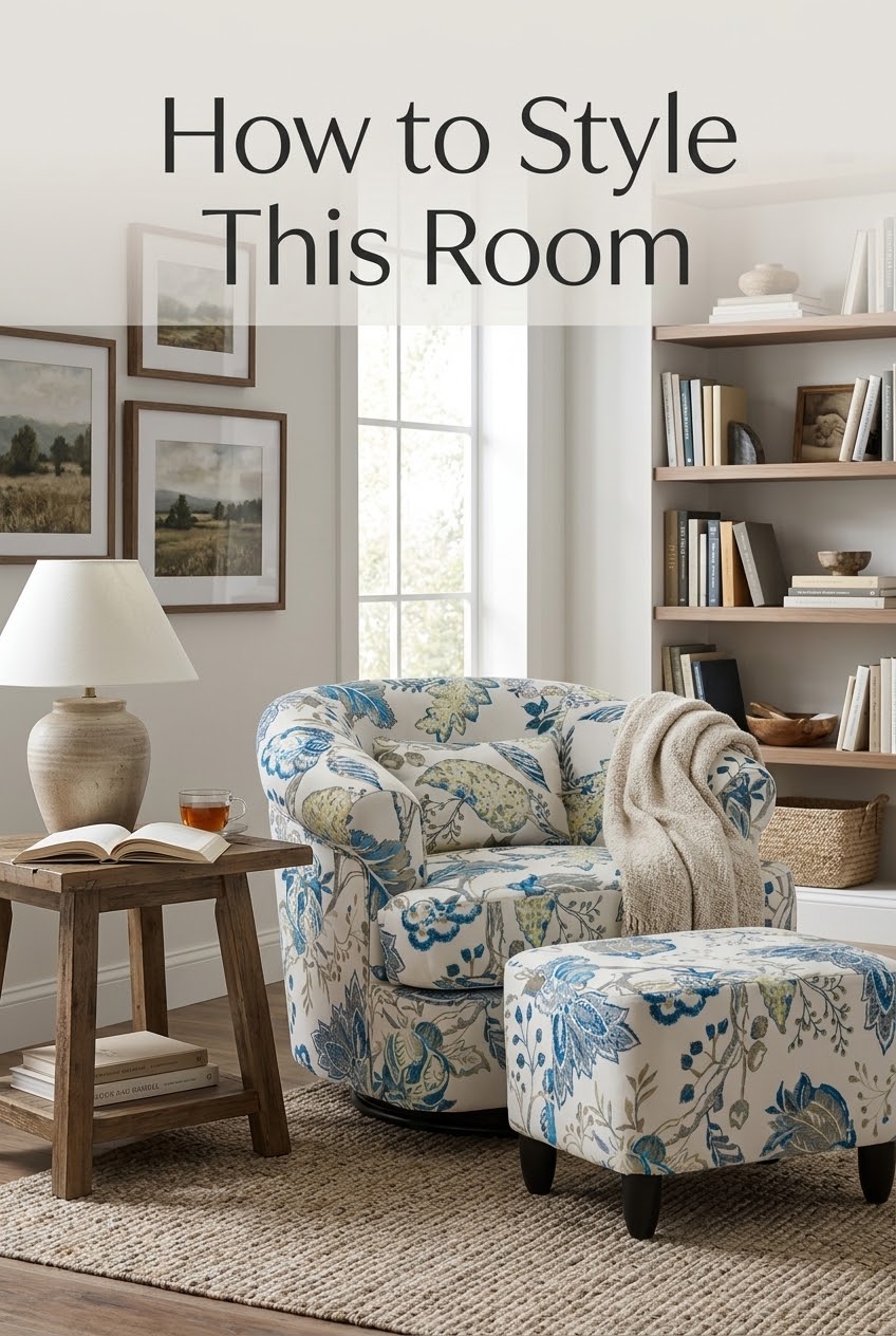 The Art of the Bedroom Nook: Styling a Sculptural Blue Barrel Chair and Ottoman