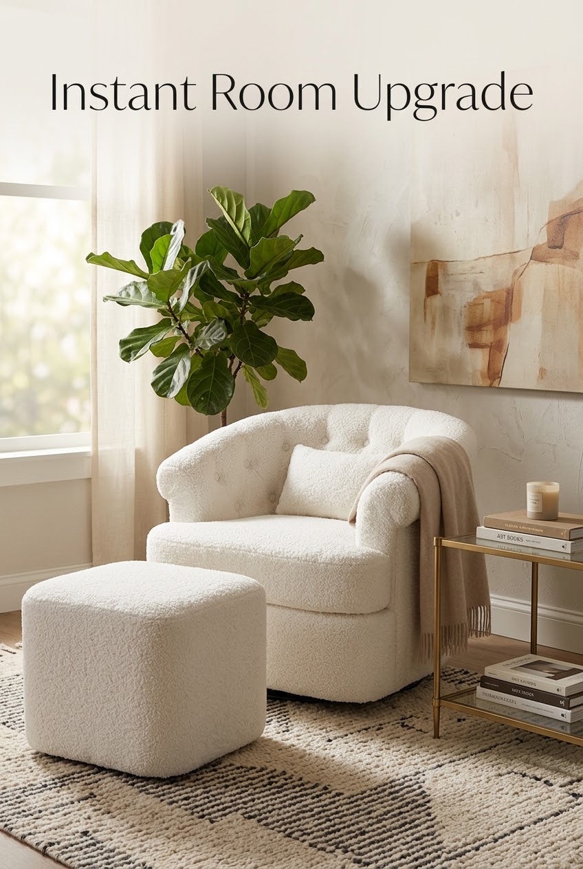 The Art of the Bedroom Nook: Styling a Sculptural Blue Barrel Chair and Ottoman