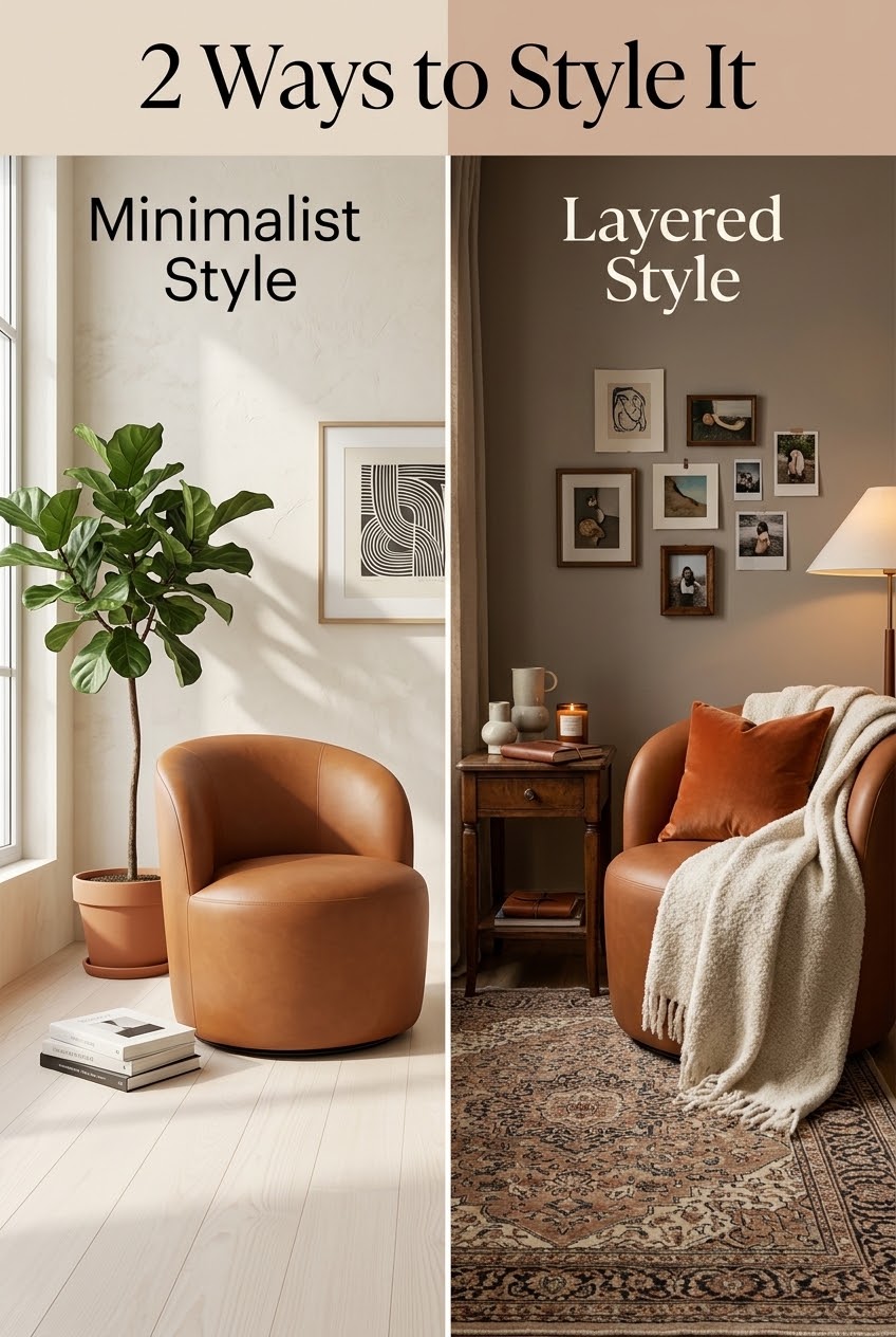 One Sculptural Barrel Chair, Two Distinct Visions: Minimalist Restraint vs. Layered Warmth